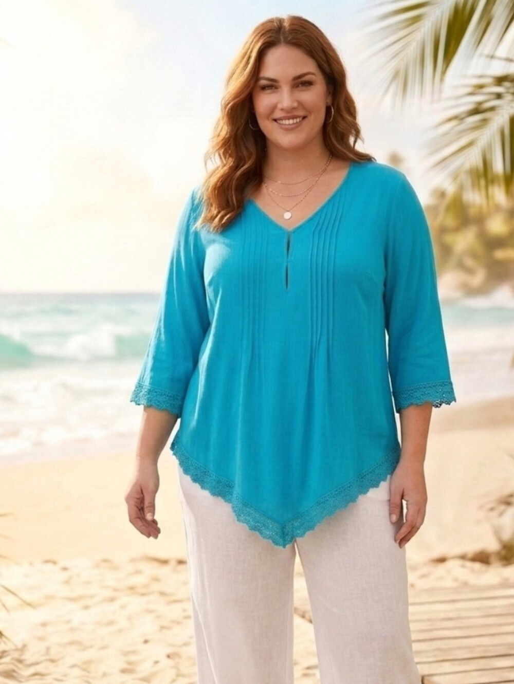 Avenue Blue Crochet Detail Pin Pleat V- Neck Boho Tunic Blouse Size 20
